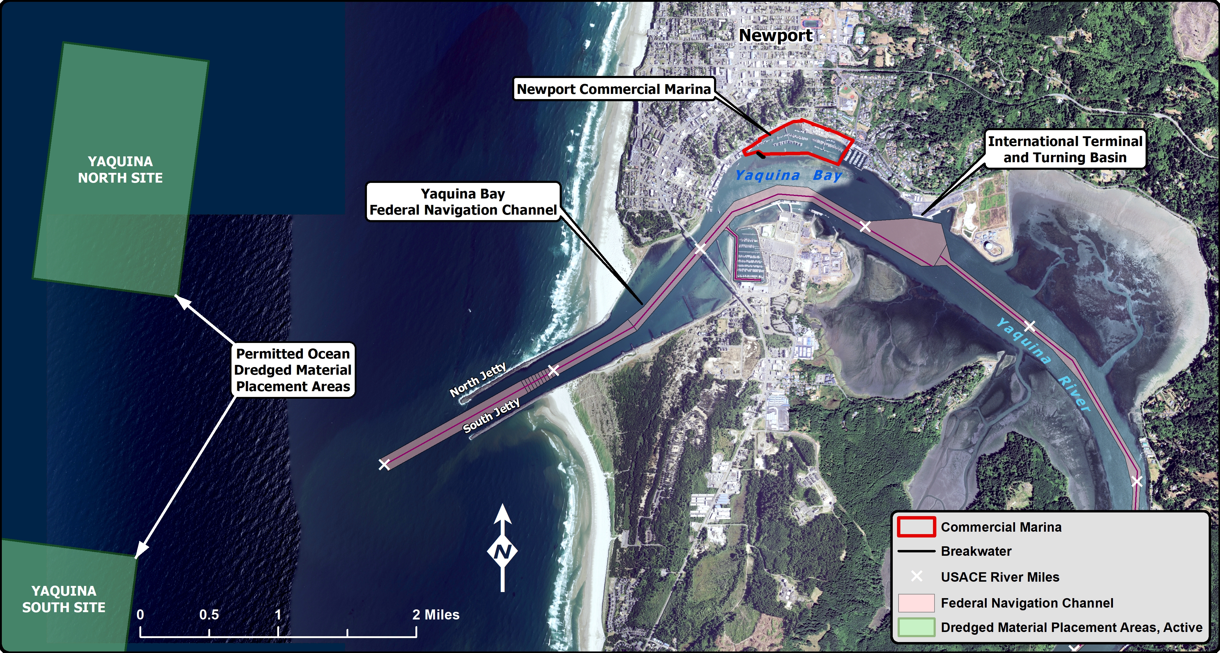 Map of the Yaquina Bay vicinity showing the river miles and the Federal Navigation Channel down the center of the Yaquina River out past the North and South Jetties into the Pacific Ocean. Map also shows the Port of Newport Commercial Marina, Commercial Marina Breakwater, and the International Terminal and Turning Basin locations in the Bay and the Active North and South Yaquina Dredge Material Placement Areas in the Pacific Ocean west of the Yaquina Bay